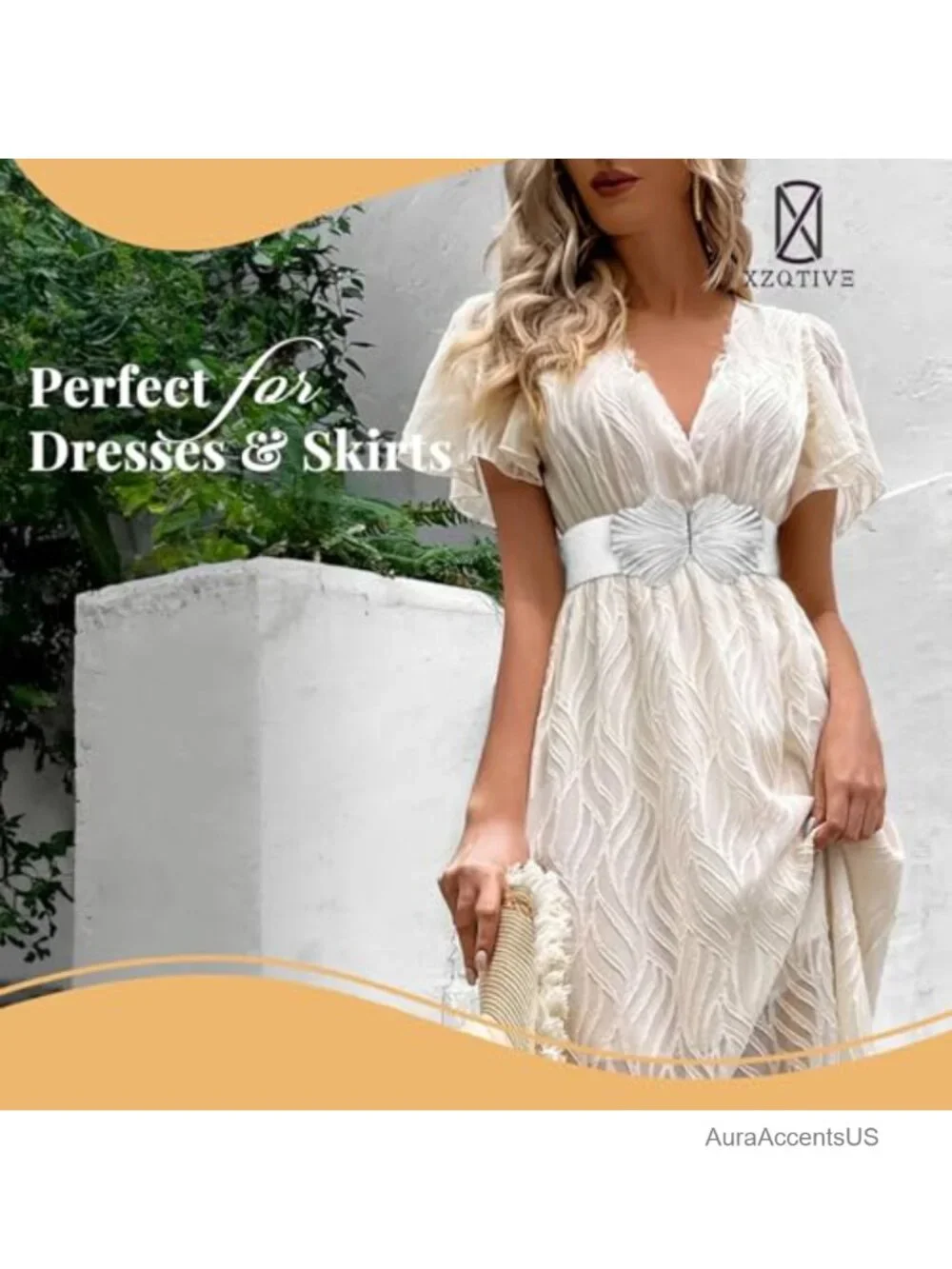 Wide Elastic Belt with Boho Shell Gold Buckle Stretchy Waist Belt for Dresses